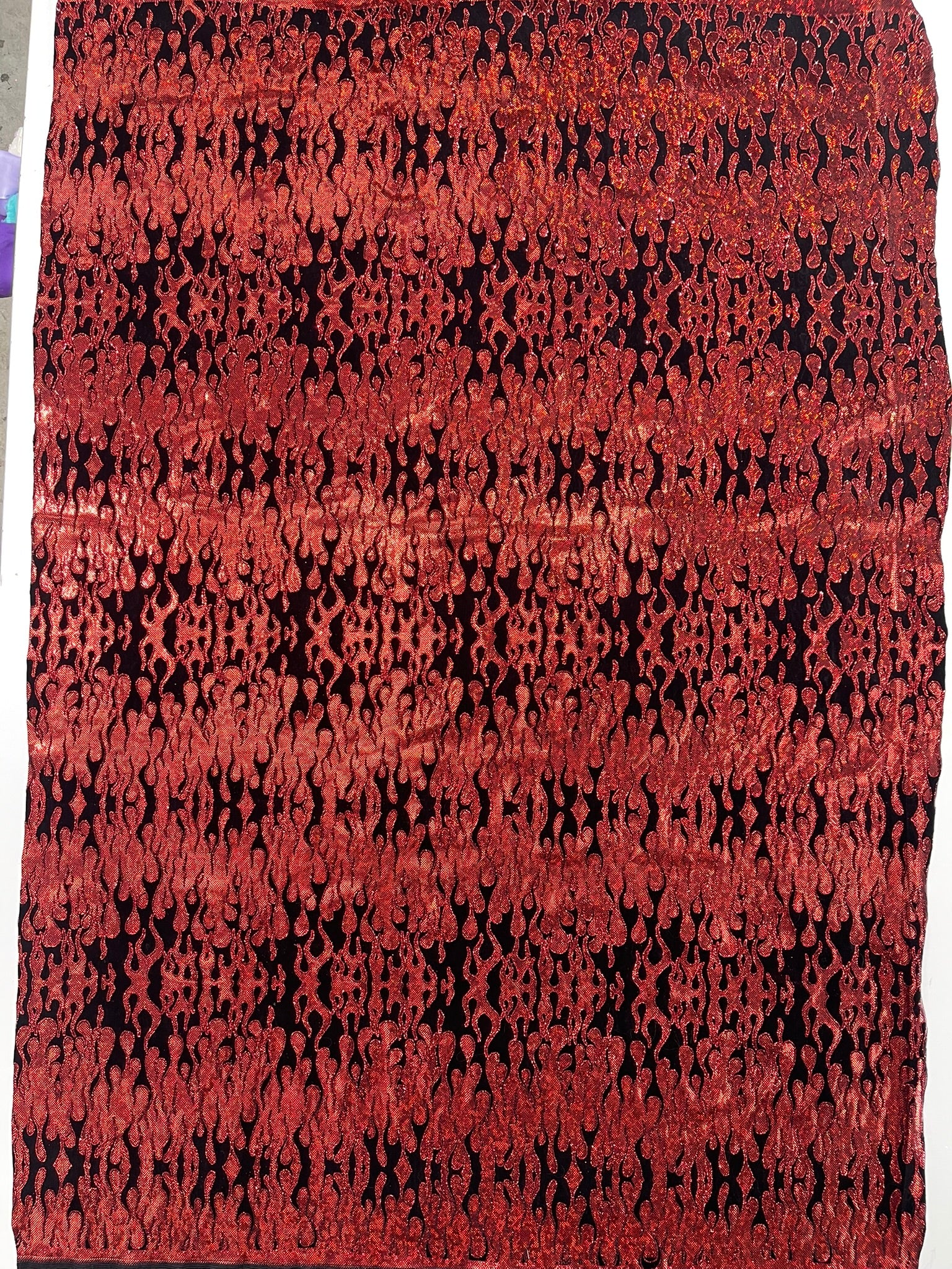 Dark Red Tricot Holographic 4 Way Spandex With Black Flocking Flames And Red Glitter Fabric-60” Wide-Hot Rod.