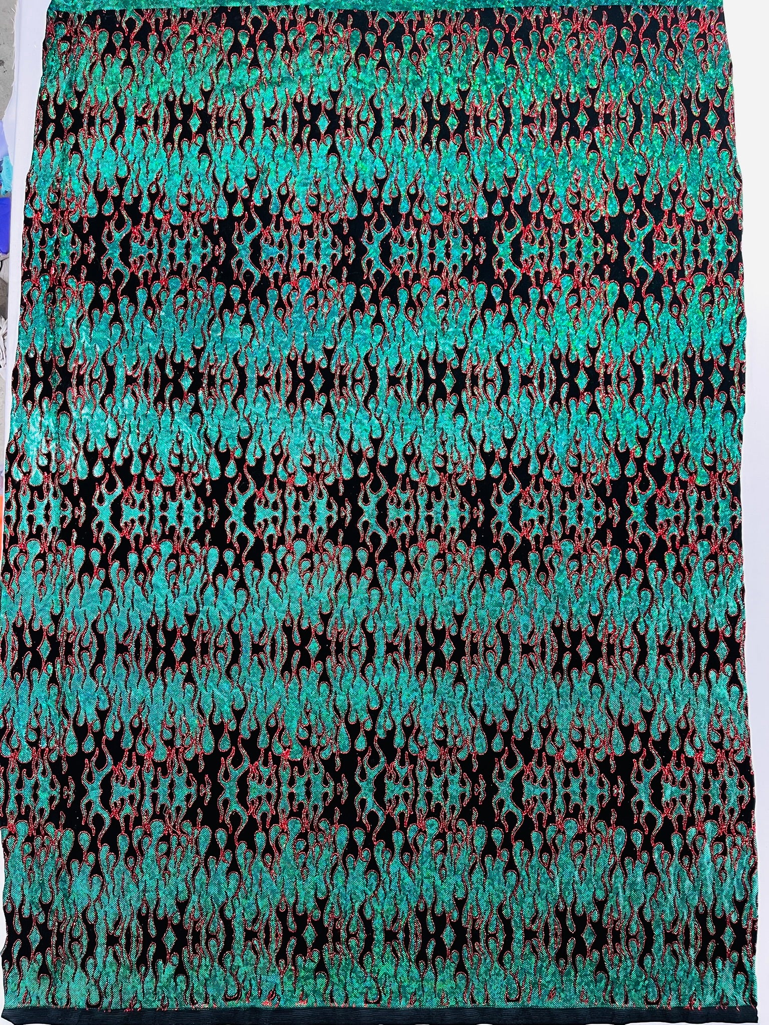 Green Tricot Holographic 4 Way Spandex With Black Flocking Flames And Red Glitter Fabric-60” Wide-Hot Rod.