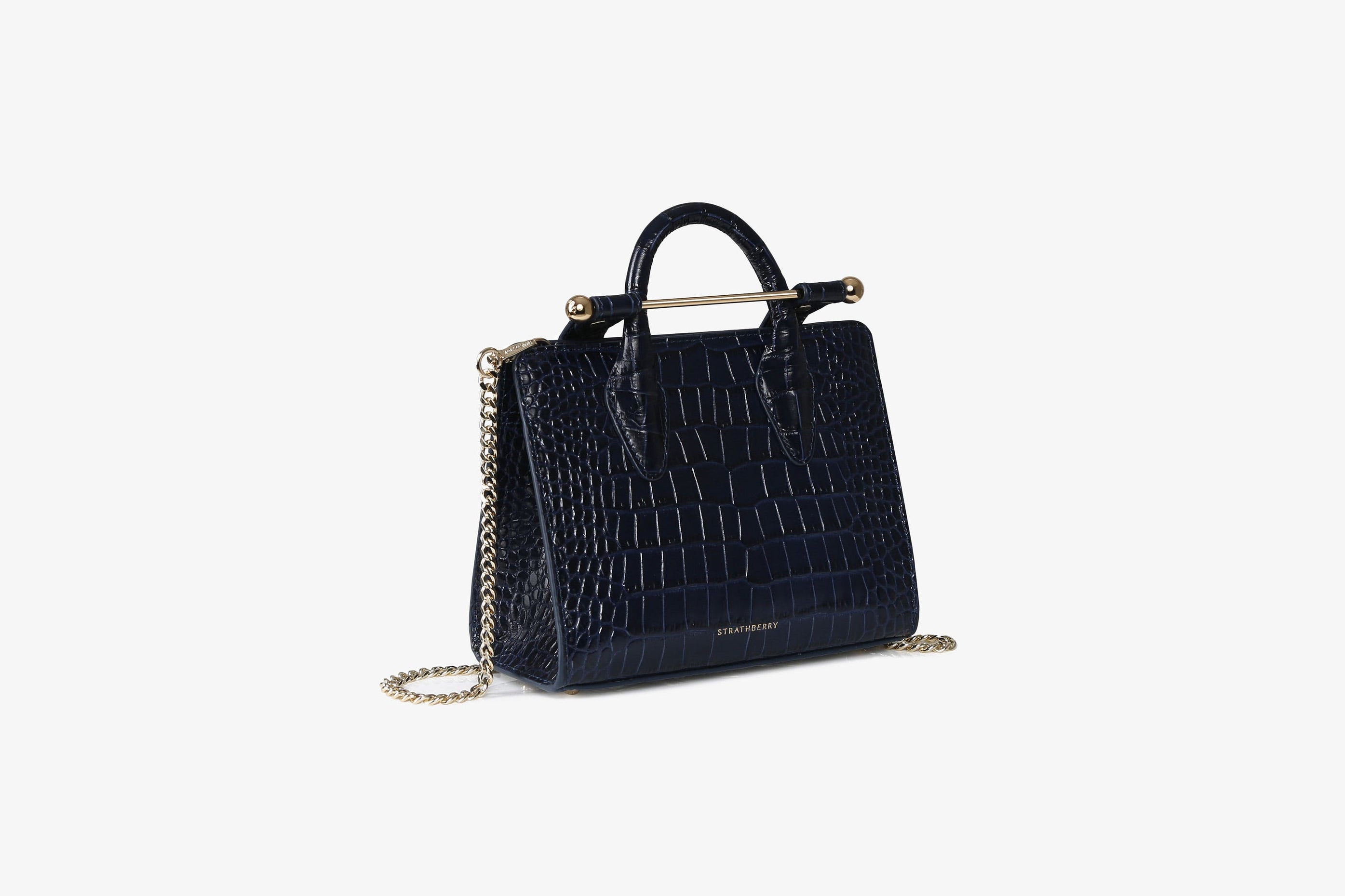 A view showcasing our The Strathberry Nano Tote - Croc-Embossed Leather Navy