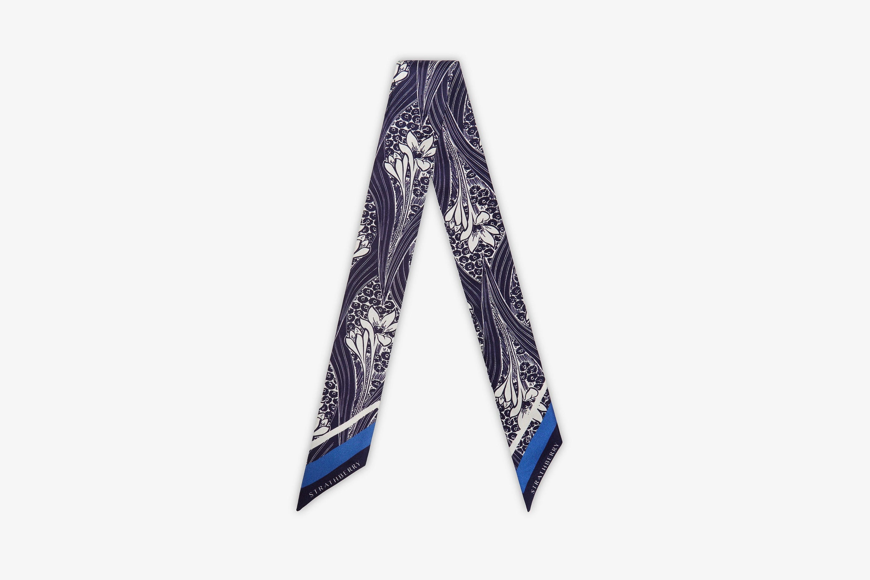 A view showcasing our Silk Skinny Scarf - Wallpaper Navy/Vanilla