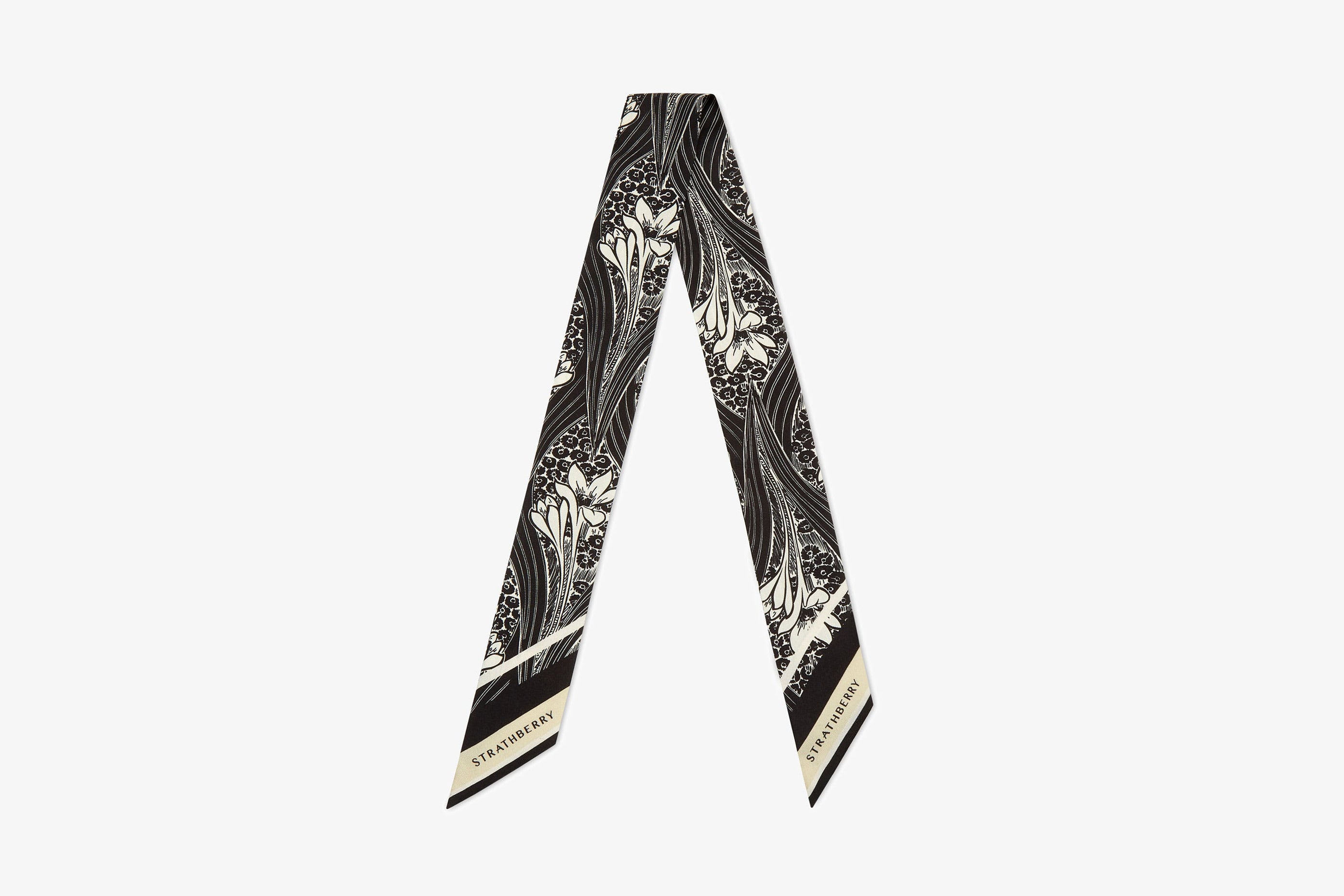 A view showcasing our Silk Skinny Scarf - Wallpaper Black/Vanilla