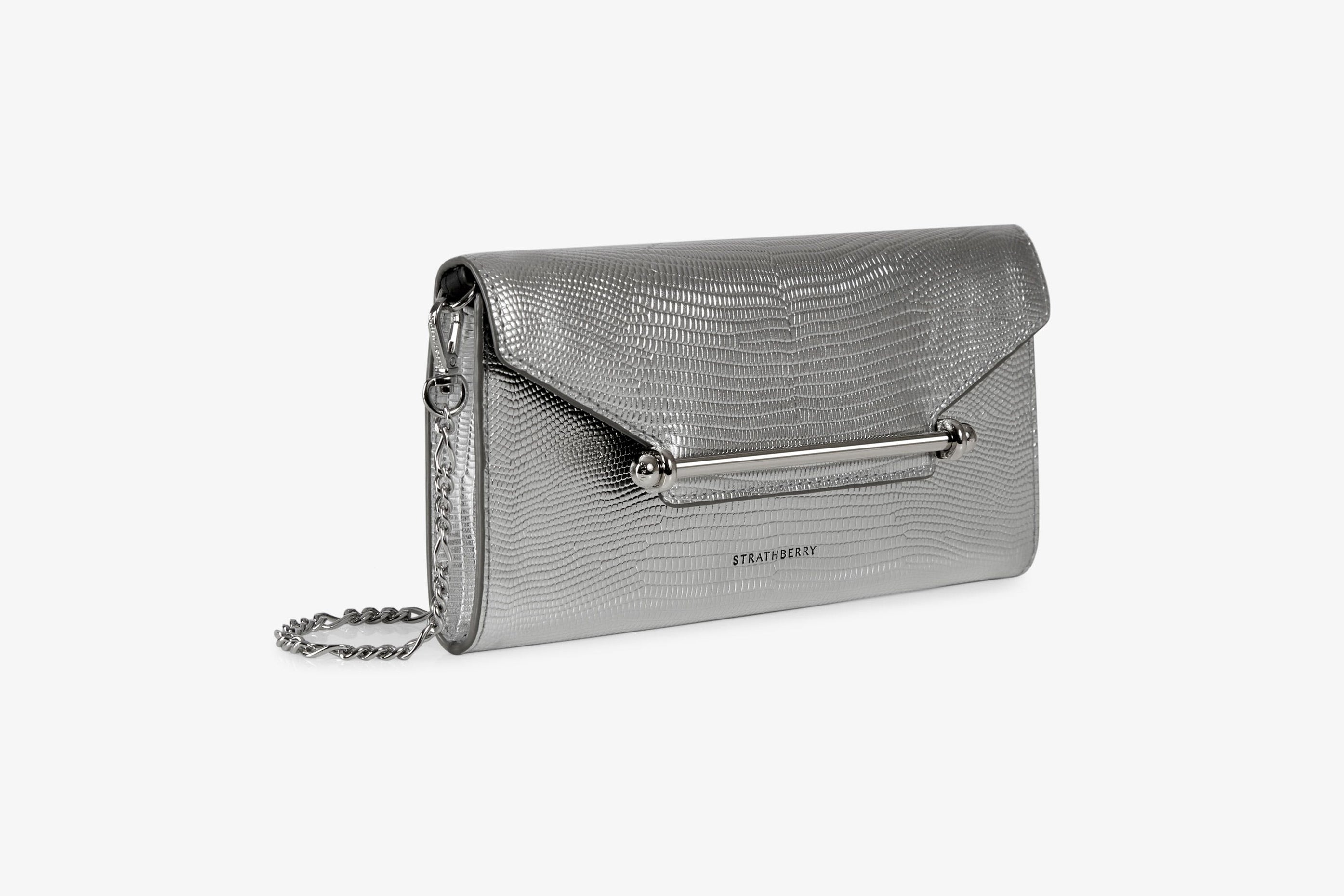 A view showcasing our Multrees Chain Wallet - Lizard Embossed Silver with Silver Hardware