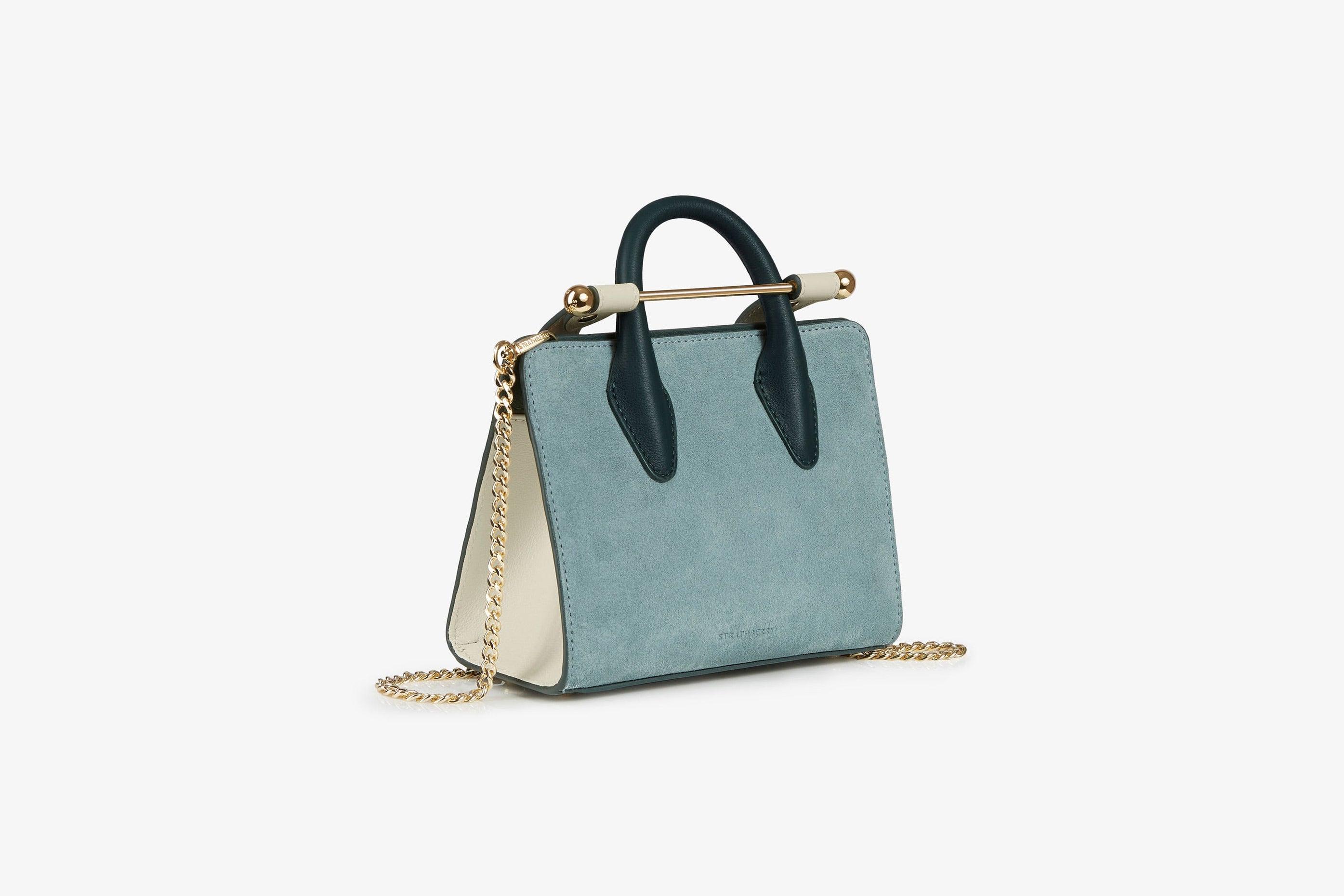 A view showcasing our The Strathberry Nano Tote - Leather/Suede Duck Egg Blue/Bottle Green/Diamond