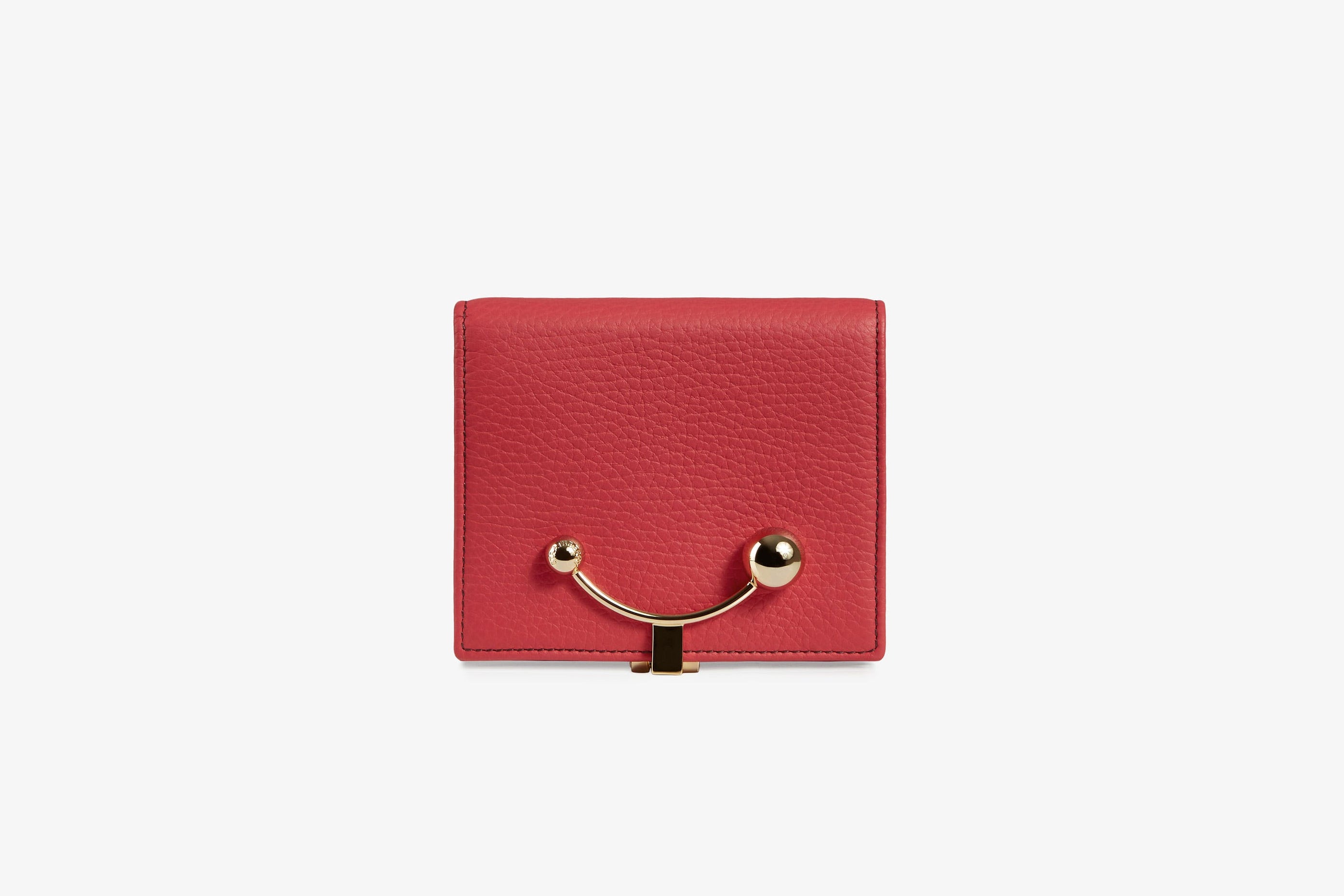 A view showcasing our Crescent Wallet - Raspberry Red with Burgundy Stitch