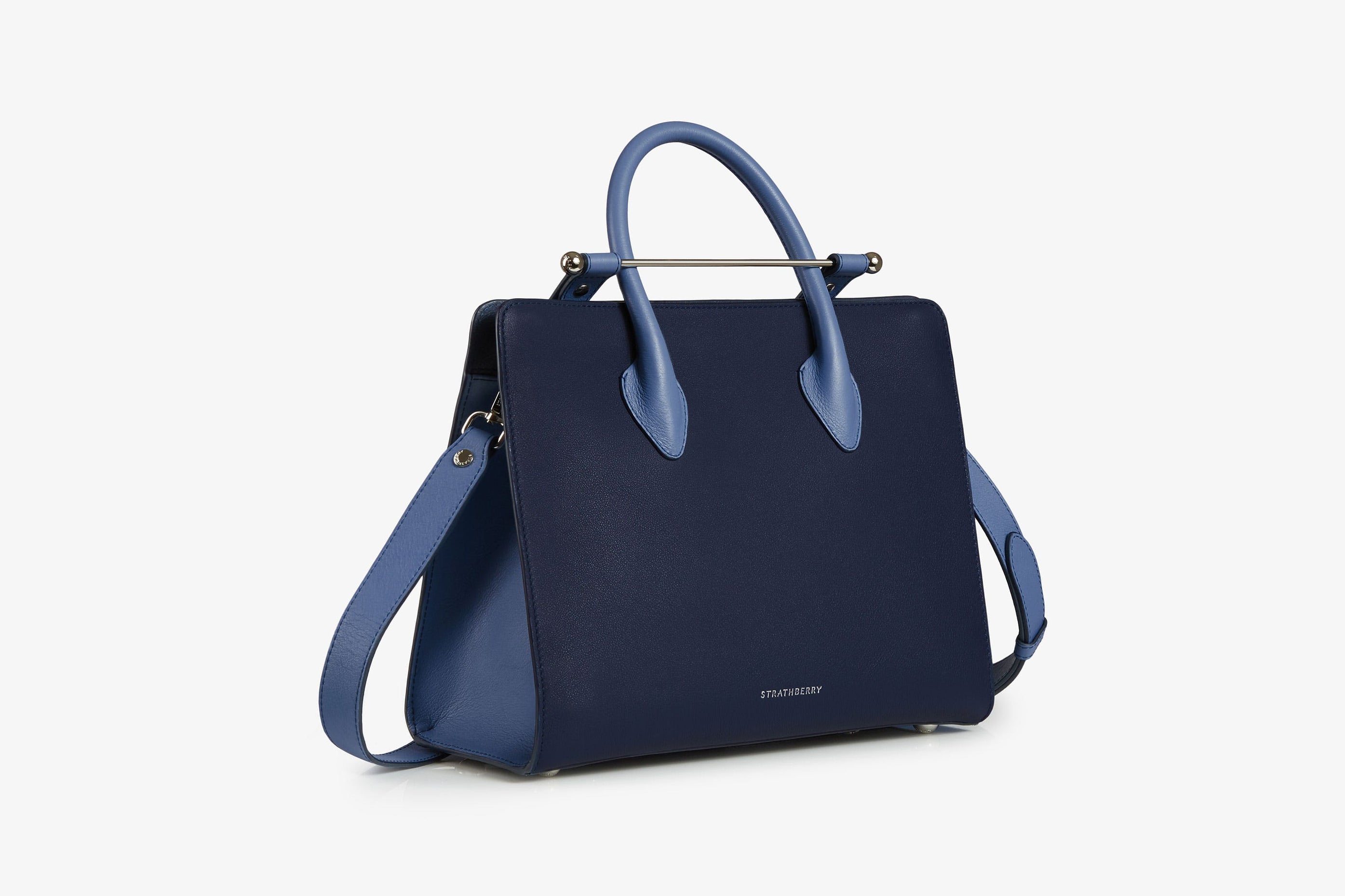 A view showcasing our The Strathberry Midi Tote - Navy/Sea Blue with Silver Hardware