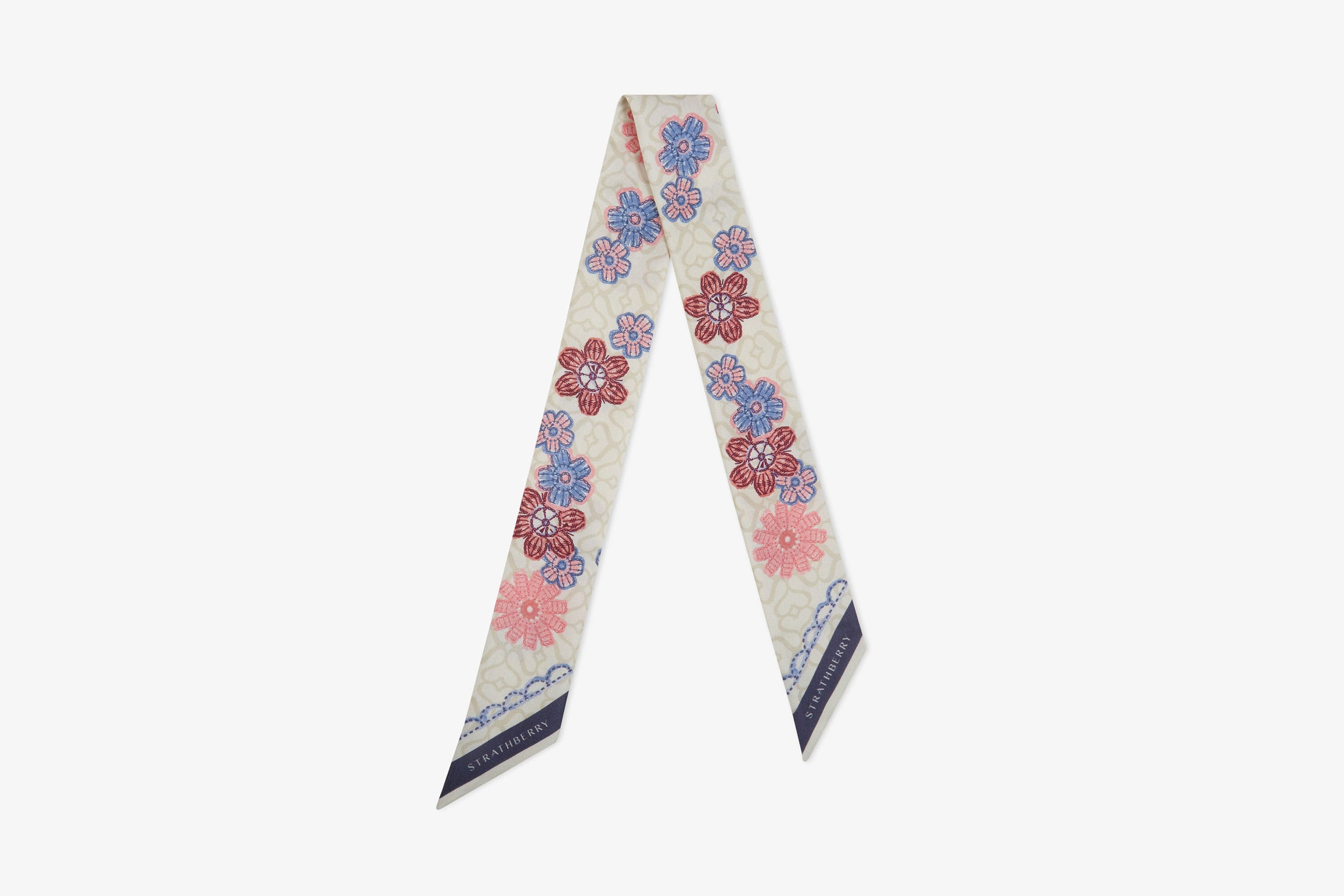 A view showcasing our Silk Skinny Scarf - Monogram Floral Print Pink/Blue
