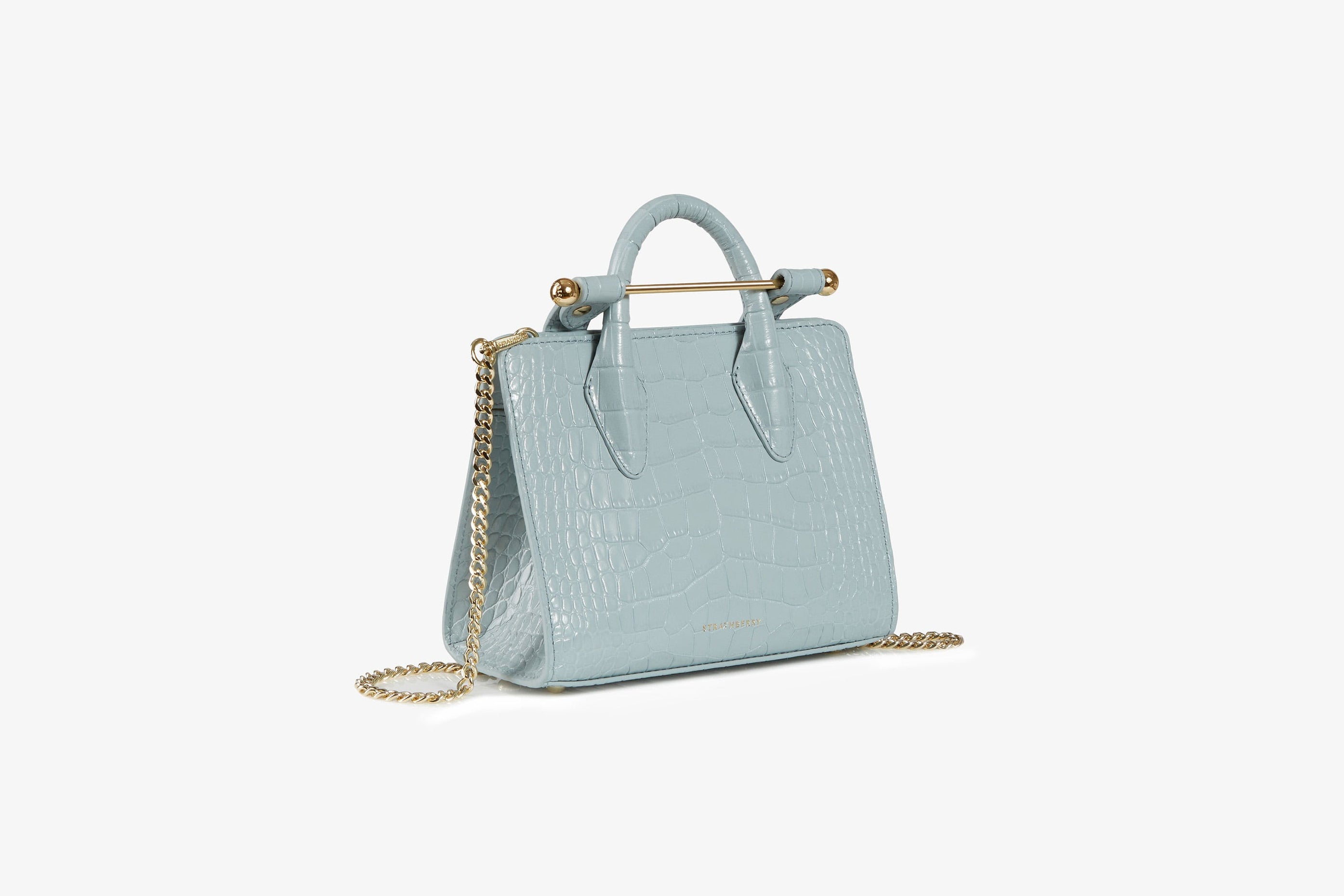 A view showcasing our The Strathberry Nano Tote - Croc-Embossed Leather Duck Egg Blue
