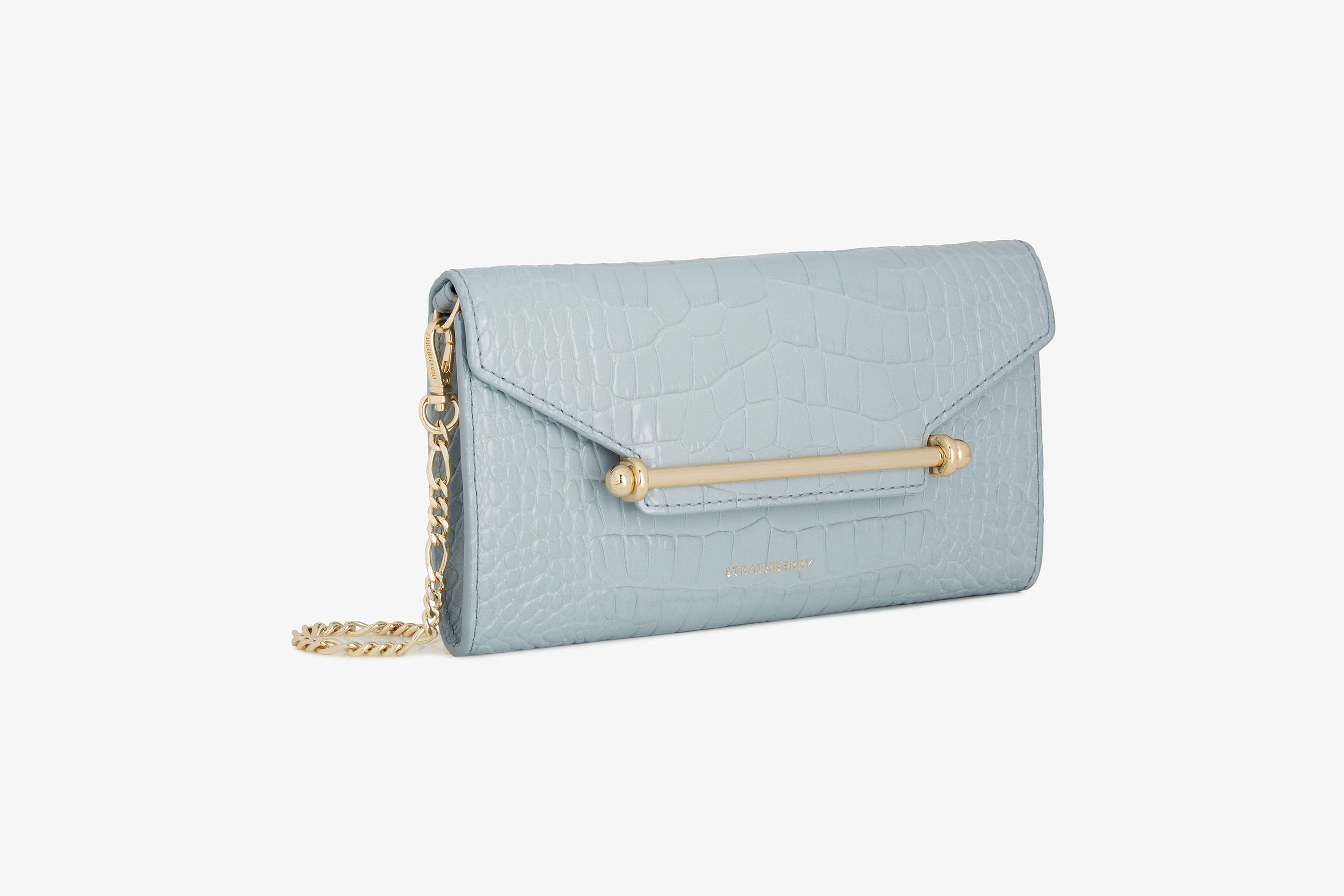 A view showcasing our Multrees Chain Wallet - Croc-Embossed Leather Duck Egg Blue