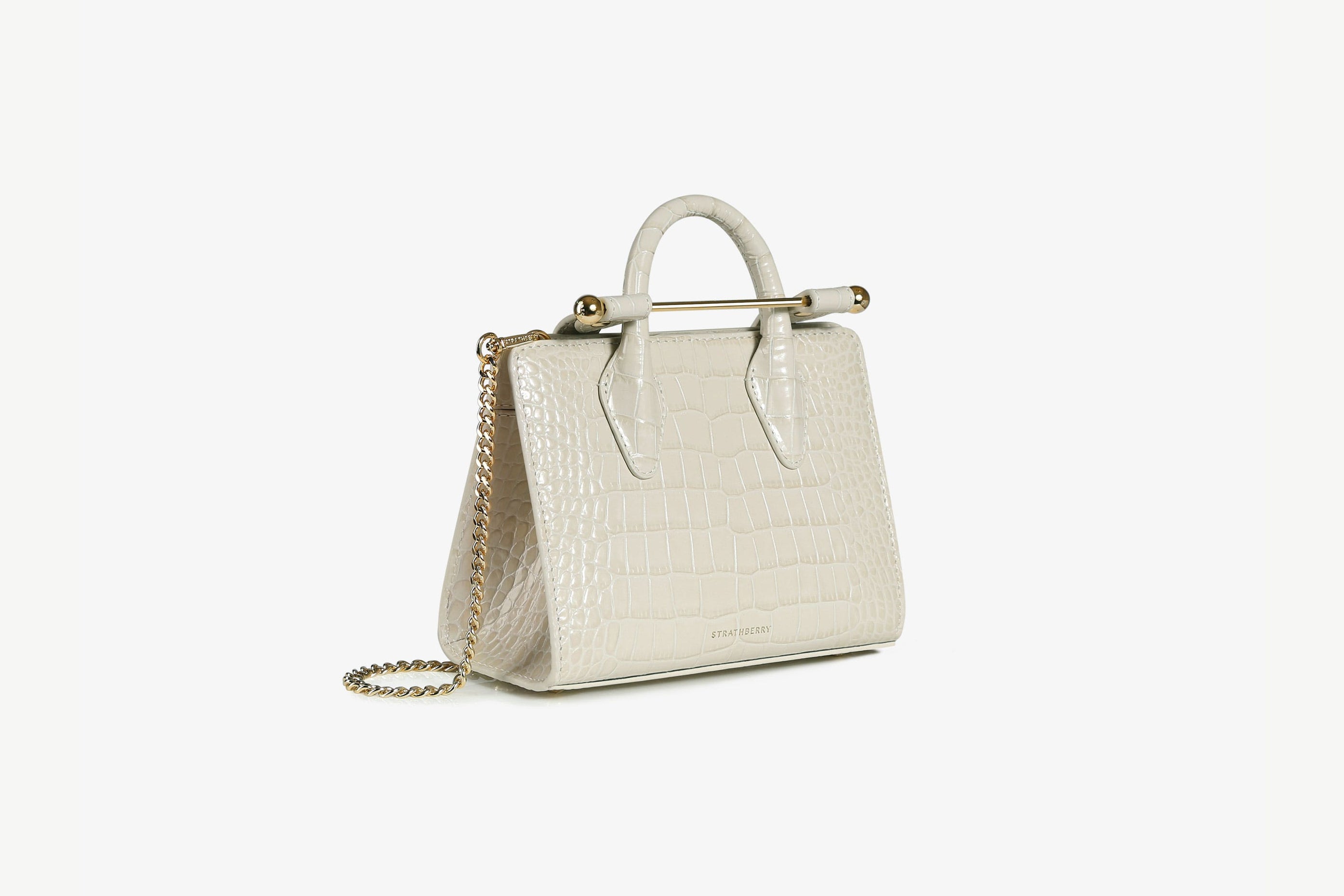 A view showcasing our The Strathberry Nano Tote - Croc-Embossed Leather Vanilla