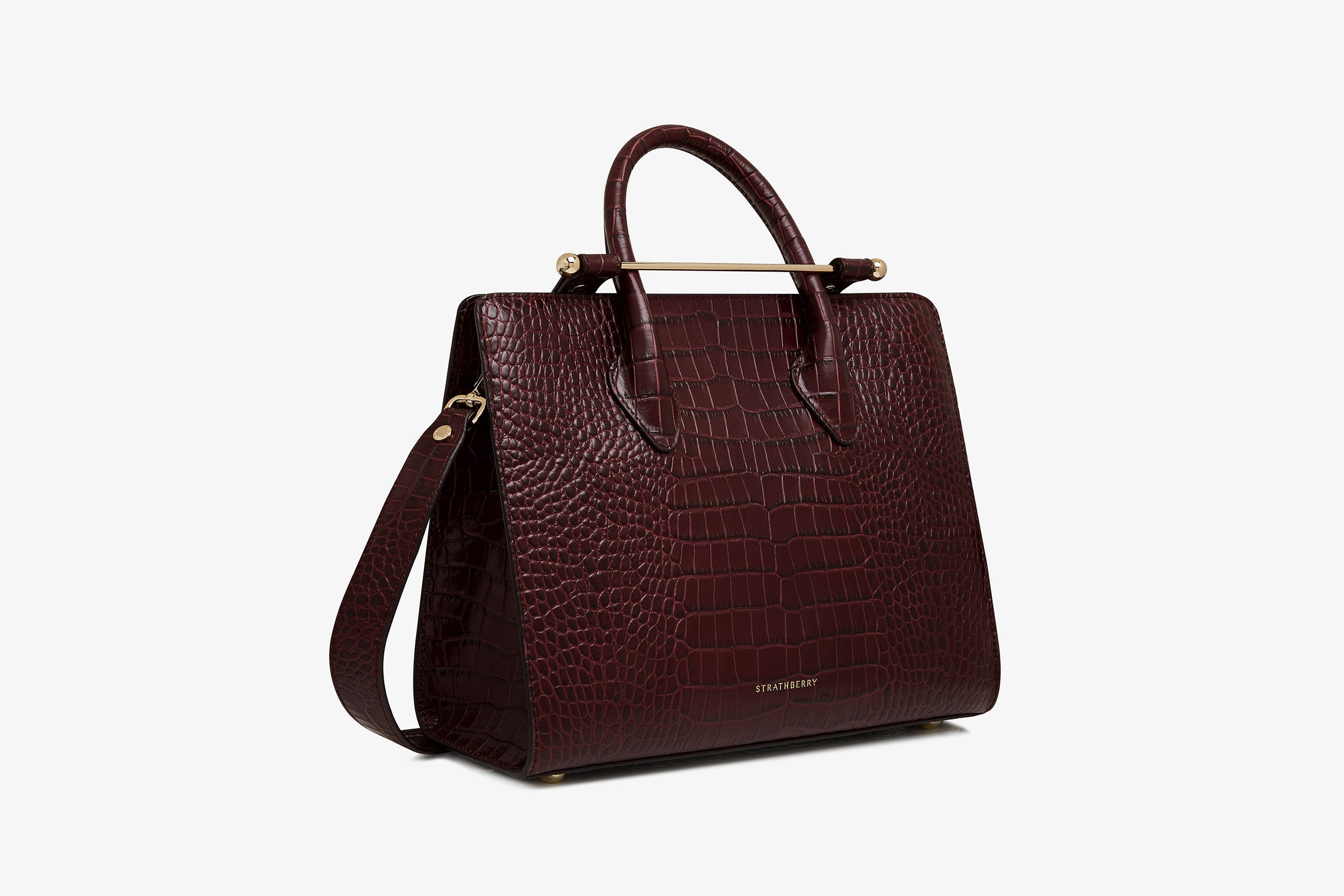 A view showcasing our The Strathberry Midi Tote - Croc-Embossed Leather Burgundy