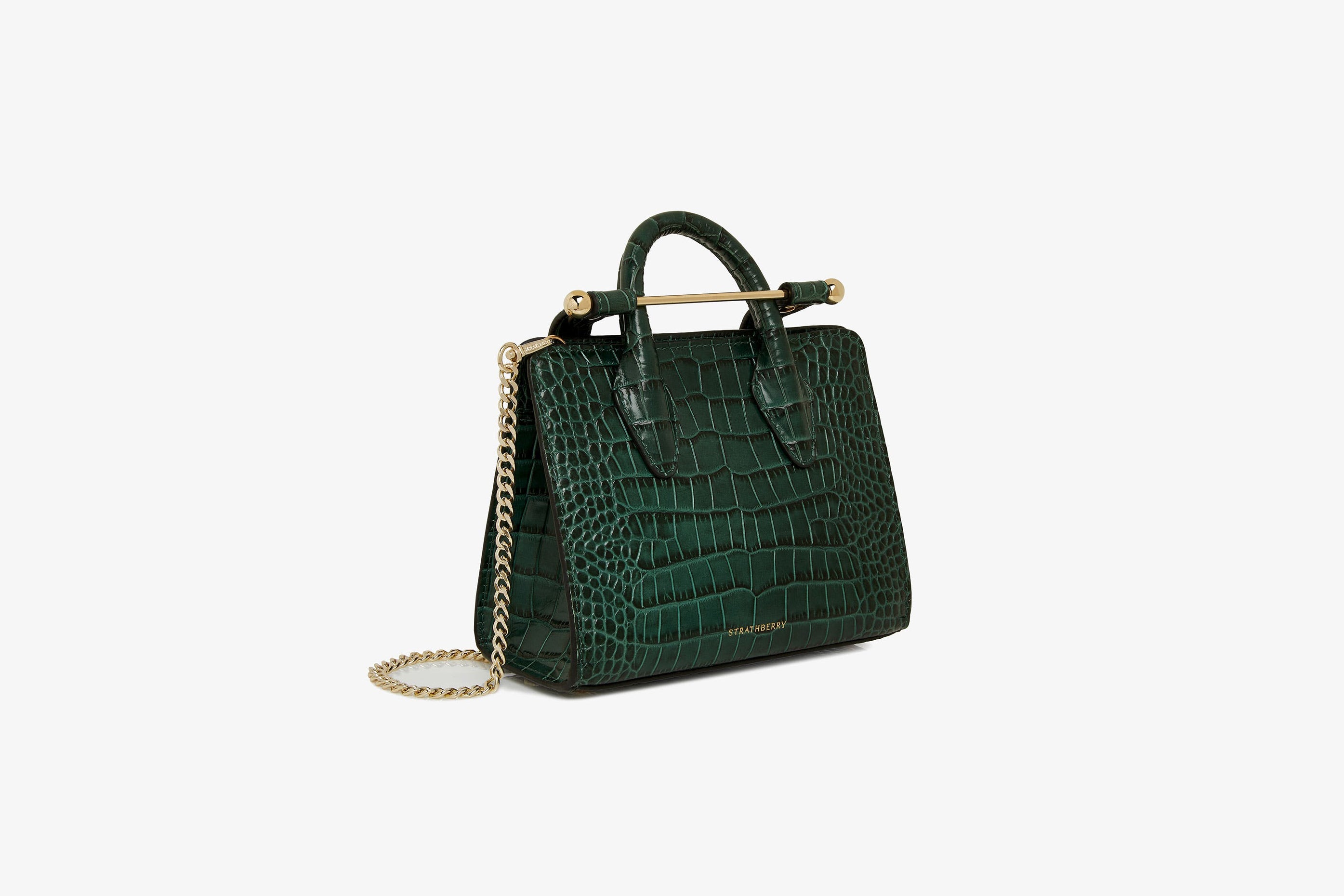 A view showcasing our The Strathberry Nano Tote - Croc-Embossed Leather Bottle Green