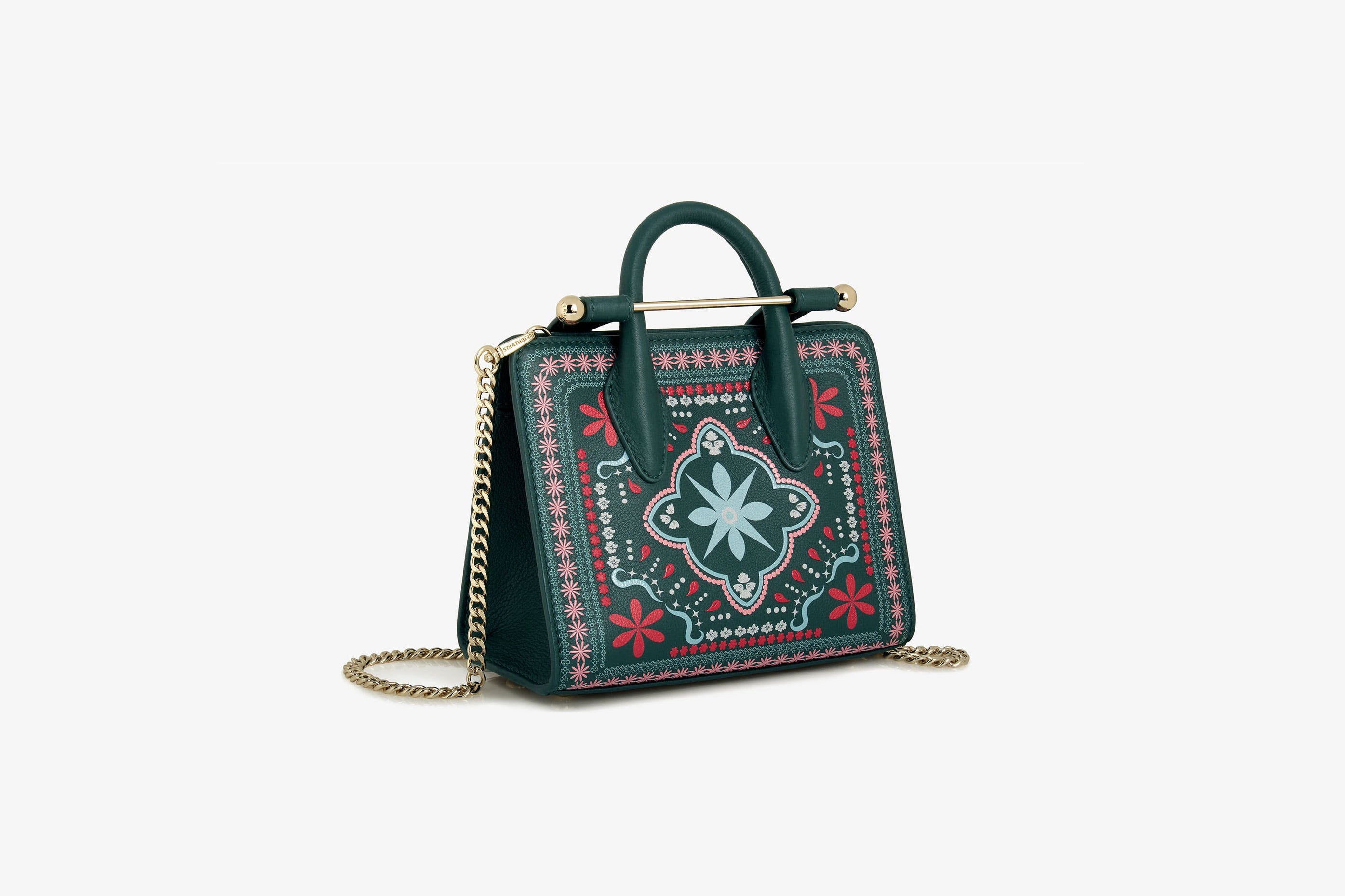 A view showcasing our The Strathberry Nano Tote - Bandana Print Bottle Green