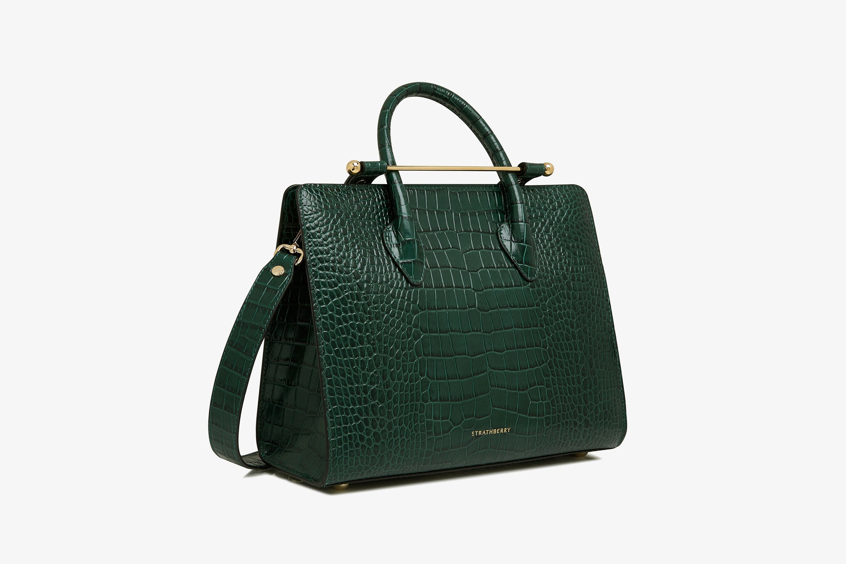 A view showcasing our The Strathberry Midi Tote - Croc-Embossed Leather Bottle Green