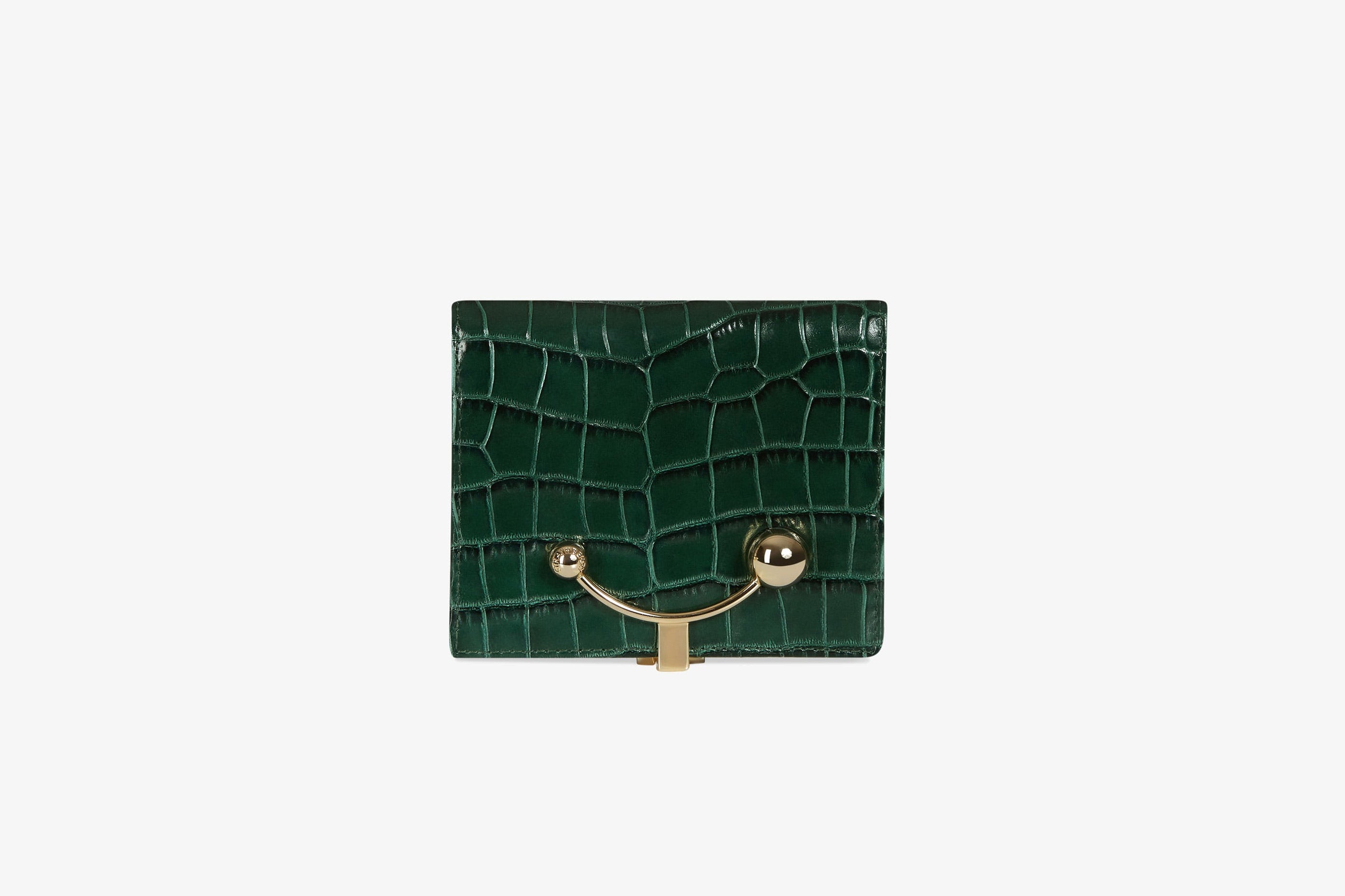 A view showcasing our Crescent Wallet - Croc-Embossed Leather Bottle Green