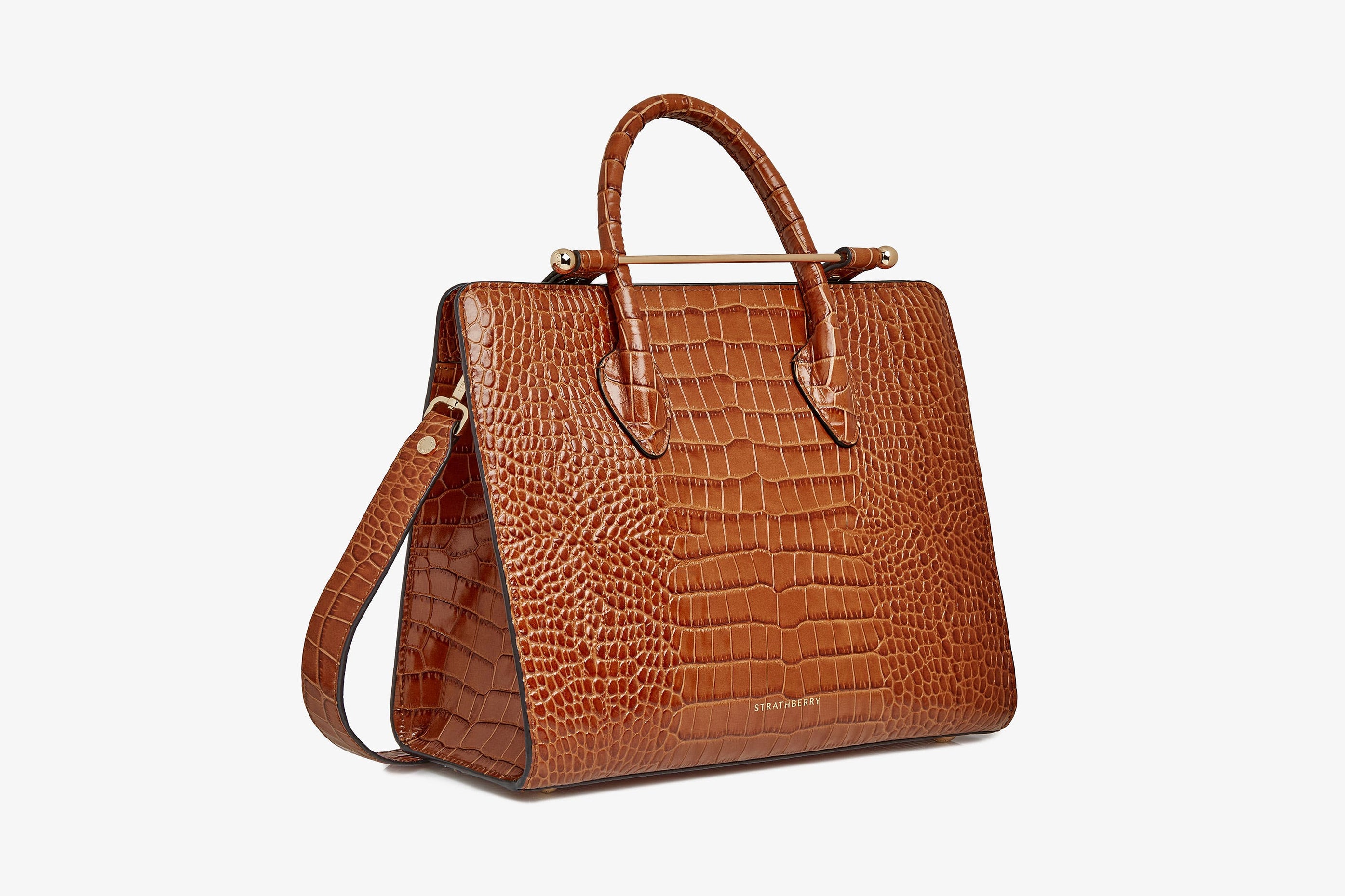 A view showcasing our The Strathberry Midi Tote - Croc-Embossed Leather Tan