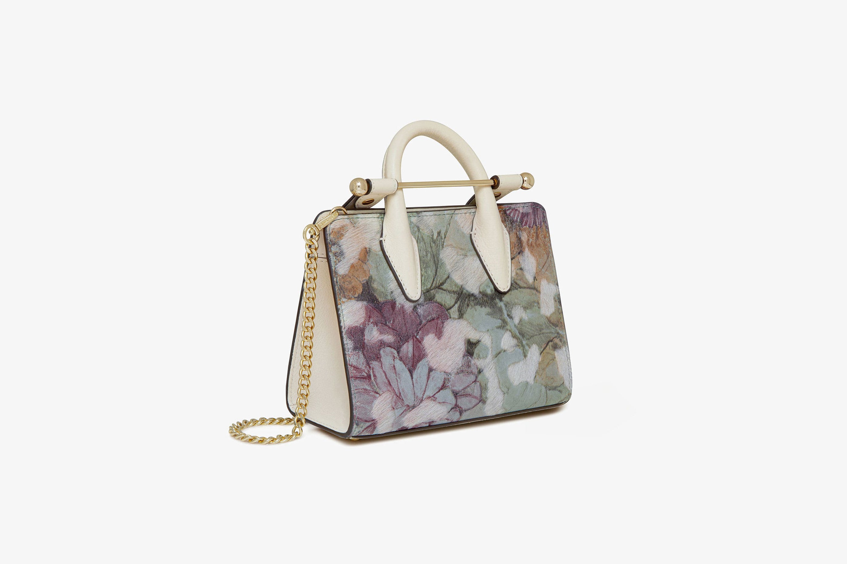 A view showcasing our The Strathberry Nano Tote - Textured Floral/Vanilla