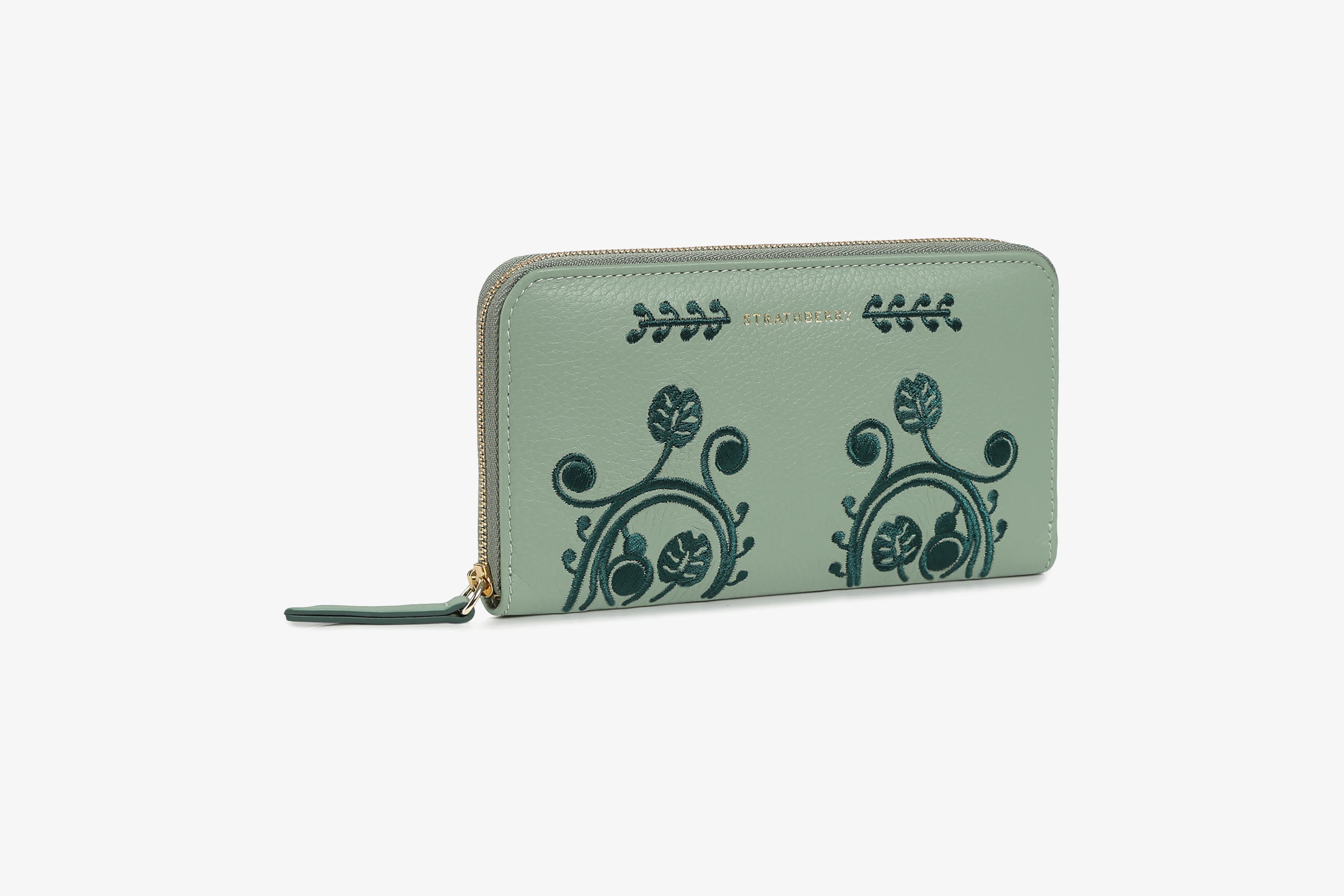 Image of Large Rose Street Wallet - Sage with Bottle Green Embroidery