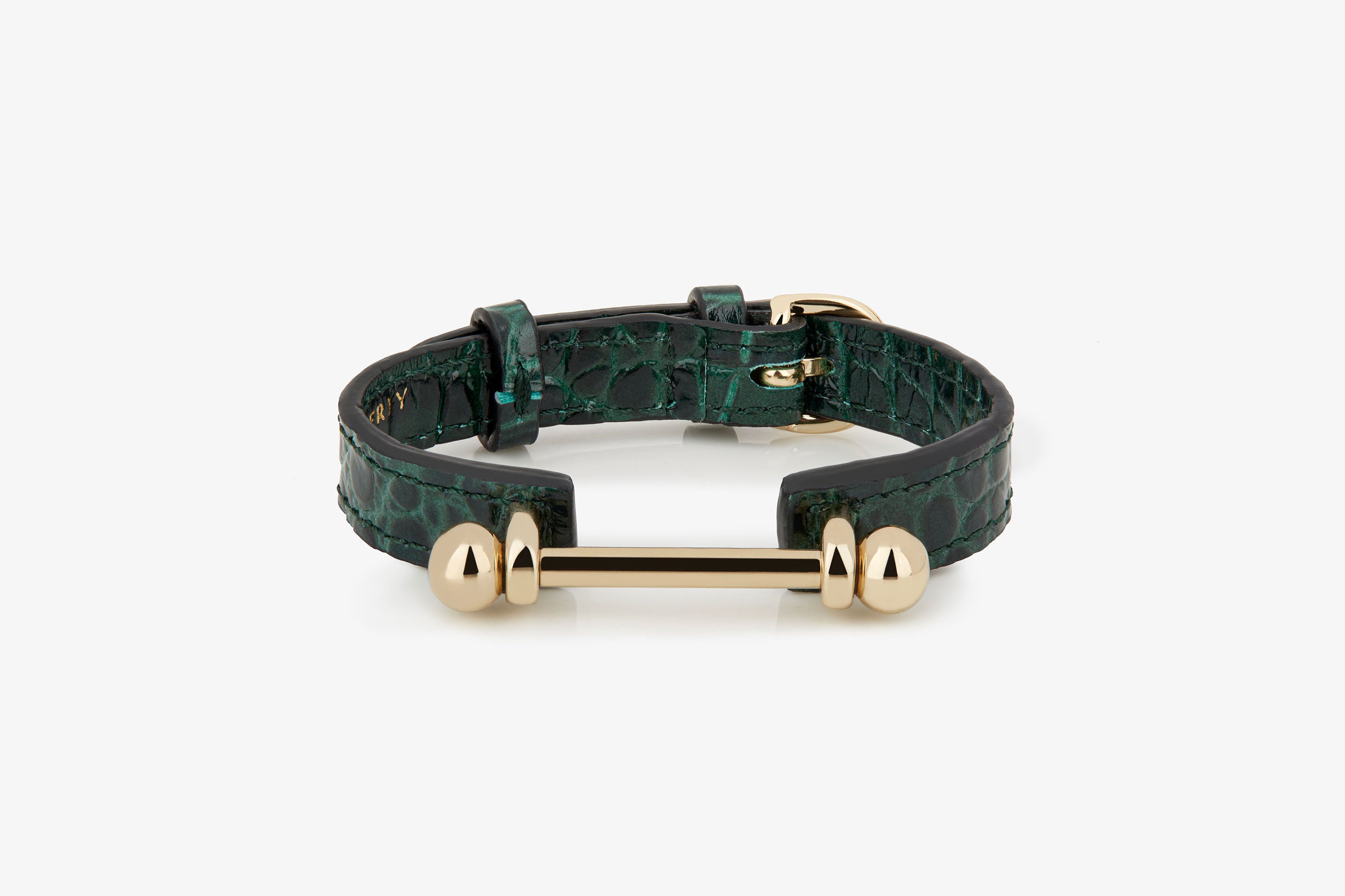 A view showcasing our Music Bar Bracelet - Croc-Embossed Leather Bottle Green