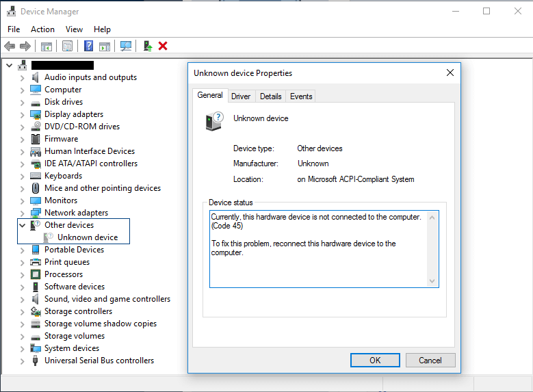 Hardware Device Not Connected To The Computer Code 45