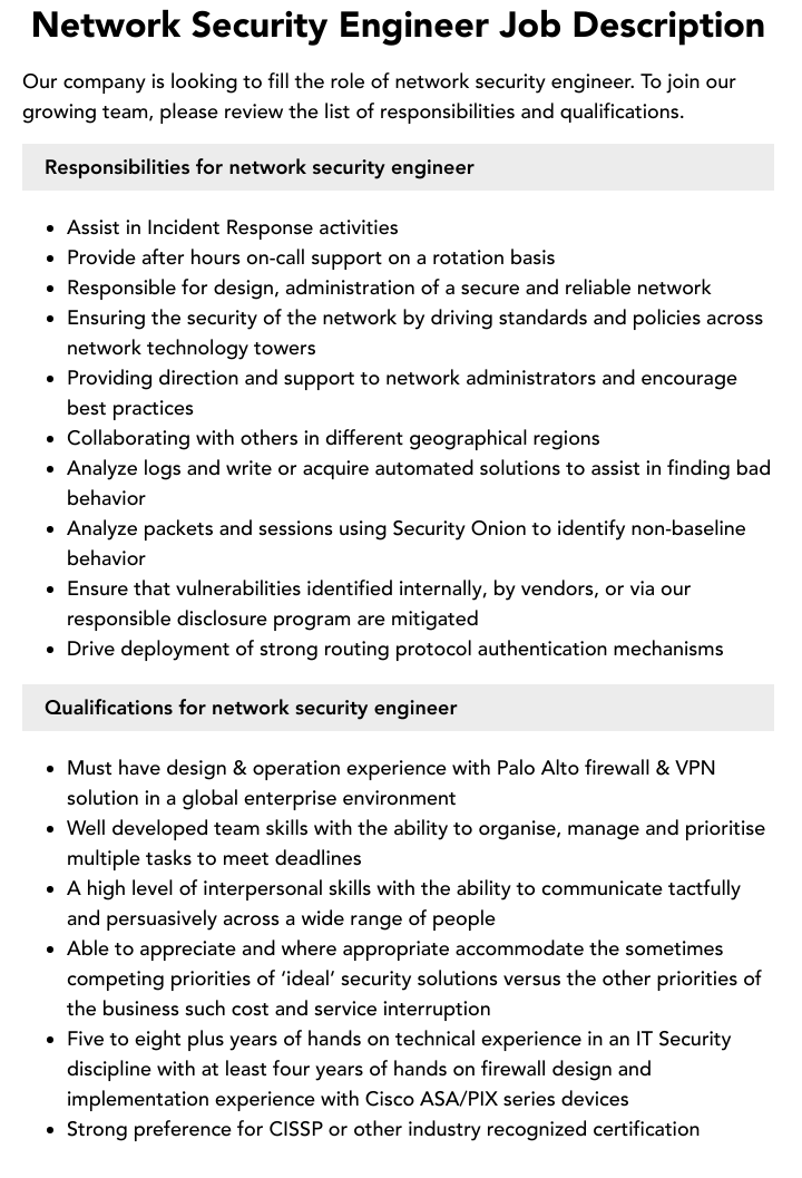 Network Security Engineer Job Description