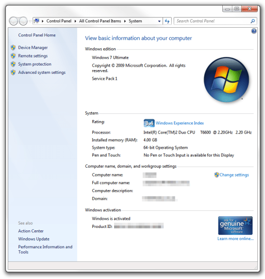 Windows 7 Computer Hardware Information