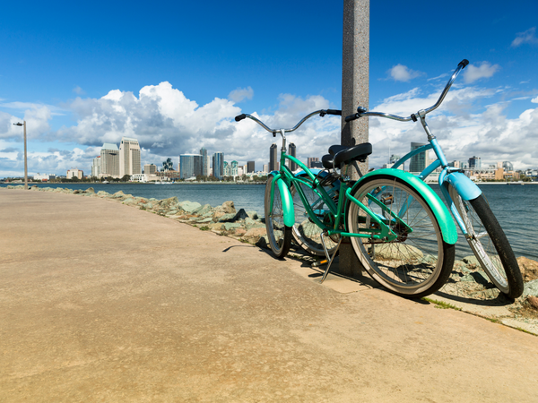 beach cruiser bikes parked along the ferry landing bike path