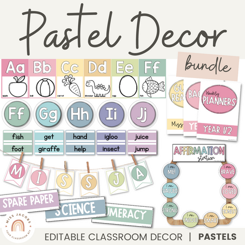 Classroom Decor Bundle | Simple Pastels Classroom Decor | Muted Rainbow Thereme | Miss Jacobs Little Learners | Editable