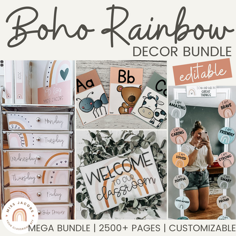 Classroom Decor Bundle | Boho Rainbow Classroom Decor | Miss Jacobs Little Learners | Editable