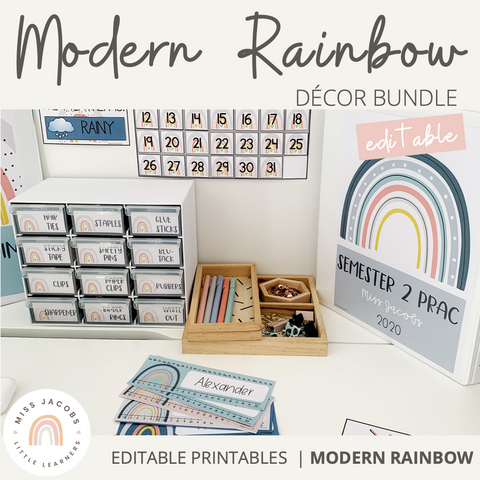 Classroom Decor Bundle | Modern Rainbow Classroom Theme | Calm Colors | Miss Jacobs Little Learners |  Editable