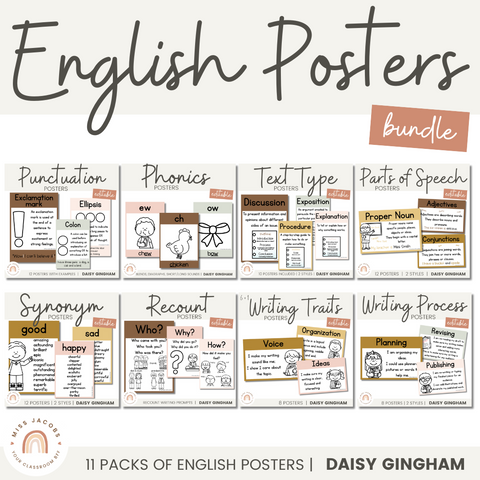 English Posters Bundle | Daisy Gingham Neutrals Classroom Decor | Editable - Miss Jacobs Little Learners
