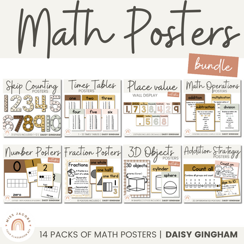 Math Posters Bundle | Daisy Gingham Neutrals Classroom Decor | Editable - Miss Jacobs Little Learners