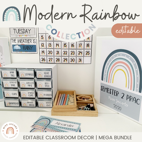 Classroom Rules Posters for Classroom Management | Modern Rainbow Calm Colors | Miss Jacobs Little Learners | Editable