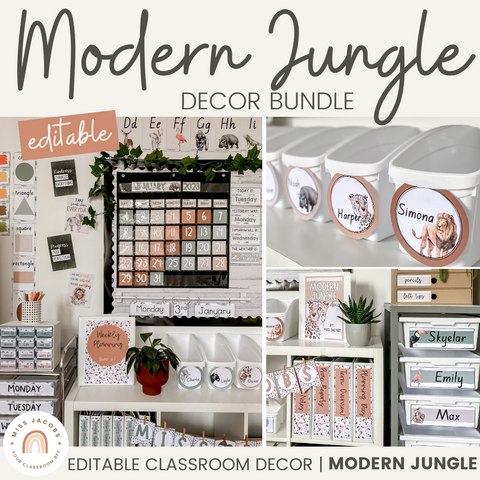 Classroom Decor Bundle | Modern Jungle Classroom Decor | Boho Jungle Vibes Theme | Miss Jacobs Little Learners | Editable