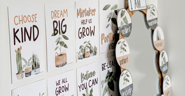 Motivational posters and an affirmation station mirror using labels from the Miss Jacobs Little Learners Boho Plants decor collection