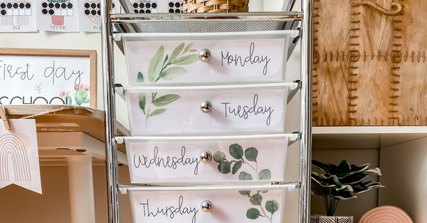 Teacher trolley labels from the Miss Jacobs Little Learners Botanical decor collection
