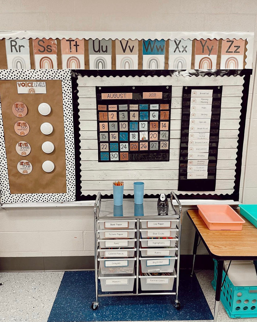 Two images show classroom displays with neutral tones. On the right we see a number of displays including Voice Levels, Alphabet posters and a calendar. On the right it’s a close up with hand signals indicating water, pencil, not ready and restroom.