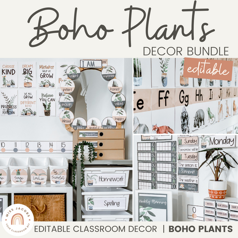 Classroom Decor Bundle | Boho Plants Classroom Decor | Miss Jacobs Little Learners | Editable