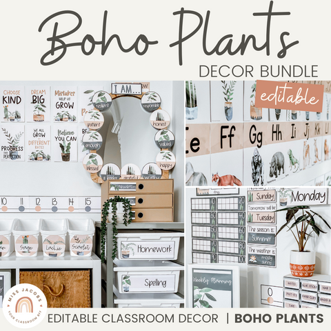 Classroom Decor Bundle | Boho Plants Classroom Decor | Boho Vintage Retro Theme | Miss Jacobs Little Learners | Editable