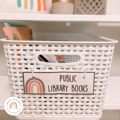 Book basket with my editable classroom label in Boho Rainbow theme, labeled "Public Library Books"