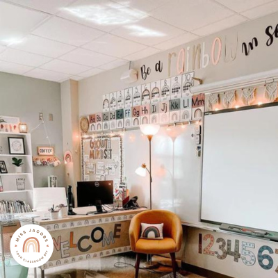 Vibrant Boho Rainbow classroom setup from Miss Jacobs Little Learners