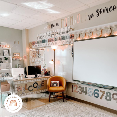 Boho Rainbow decorated classroom with cute lights.