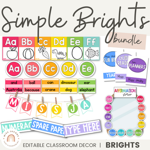 Classroom Decor Bundle | Simple Brights Classroom Decor | Neon Rainbow Theme | Miss Jacobs Little Learners | Editable