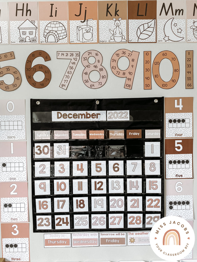 Miss Jacobs Little Learners Spotty Neutrals Classroom Calendar and Skip counting display