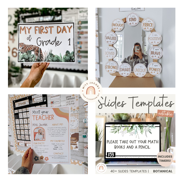an assortment of handy "first day" templates and resources such as my First Day of School Signs, Affirmation Stations, Meet The Teacher Templates and Google Slides