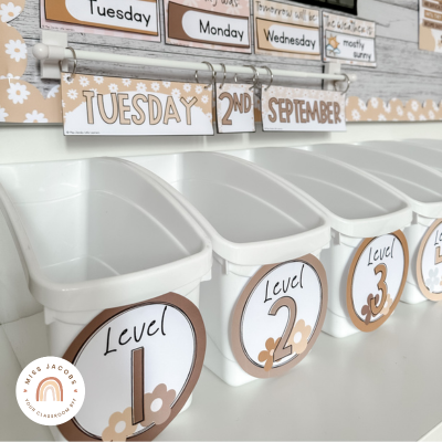 Miss Jacobs Little Learners presents Daisy Gingham neutrals reading tub organizers for a cozy reading corner.