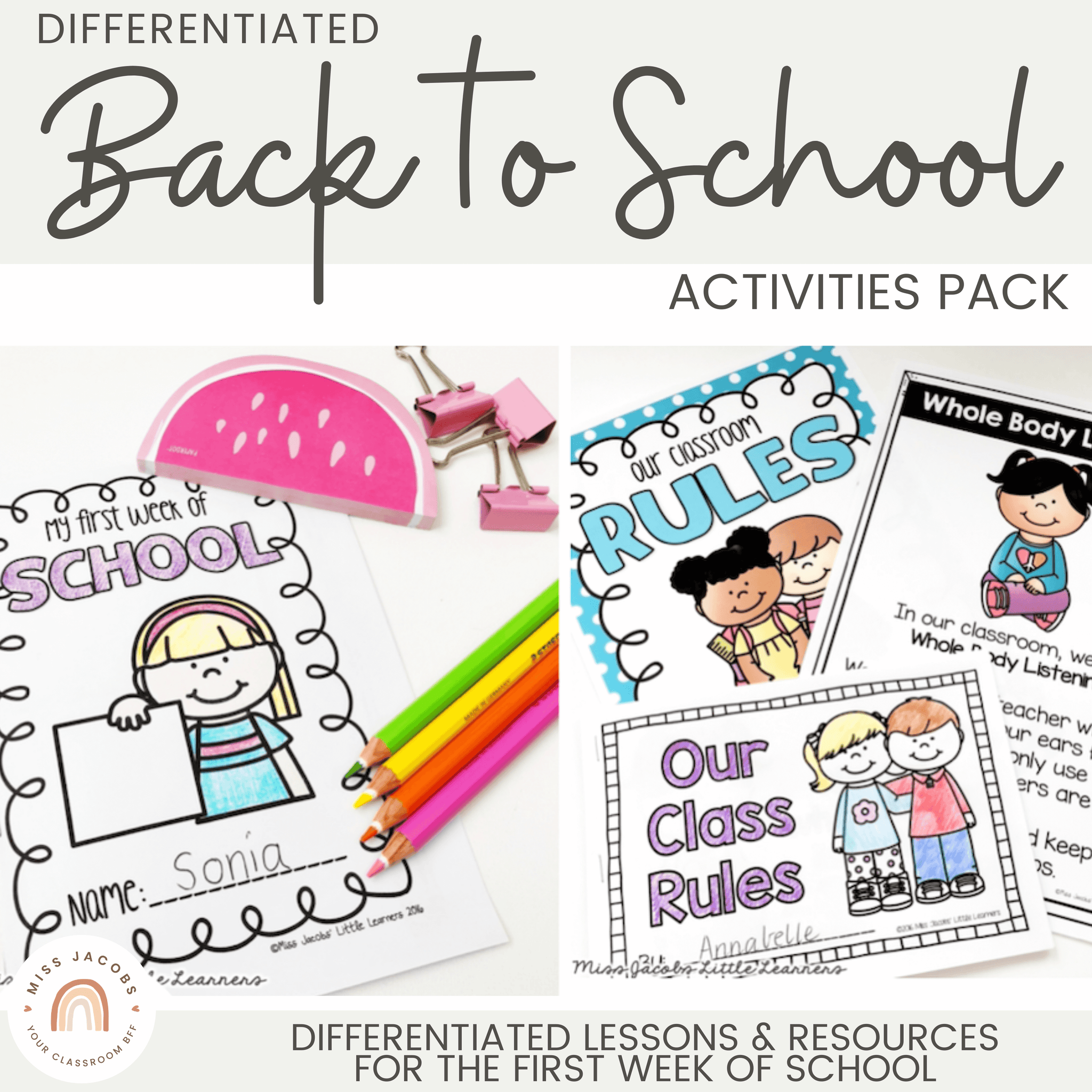 A graphic for my Back to School Activities Pack, featuring pictures of the activities. They are printed on white card with illustrations of children alongside the text.