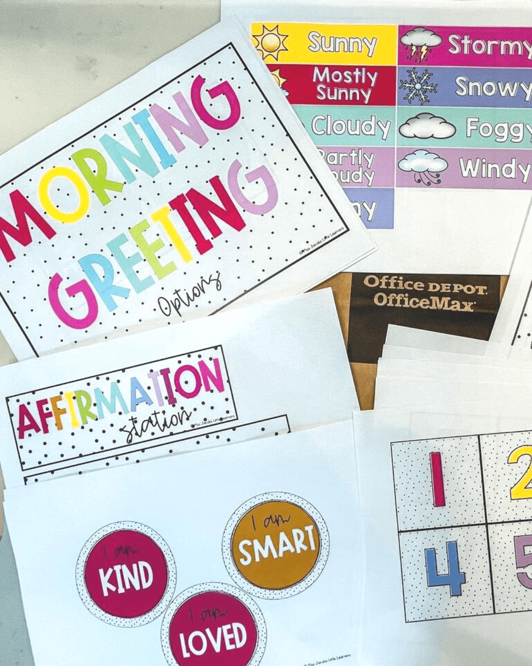 The left image shows a hand holding up a tub of art supplies. It has a label with the term ‘The Koalas.’ In the background, we see a classroom wall with colourful alphabet posters. They’re all a part of the Spotty Brights range. The right image features printout resources from the same range. We see a ‘Morning Greeting’ poster and items for an Affirmation Station.