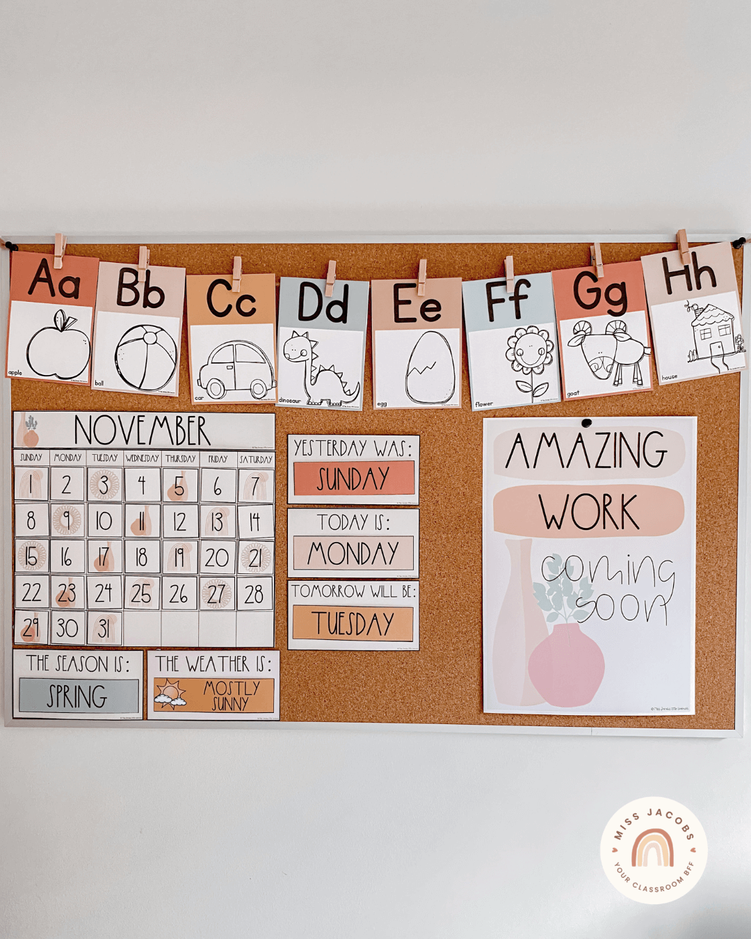 The left image shows Desk Plate Name tags from the Boho Vibes collection. They include warm, earthy-toned illustrations with the names Hudson, Frankie, Wes and Willow in cursive type. The right image is a cork pinboard with items from the same range including a classroom calendar, alphabet posters, a weather display and an ‘amazing work coming soon’ poster.