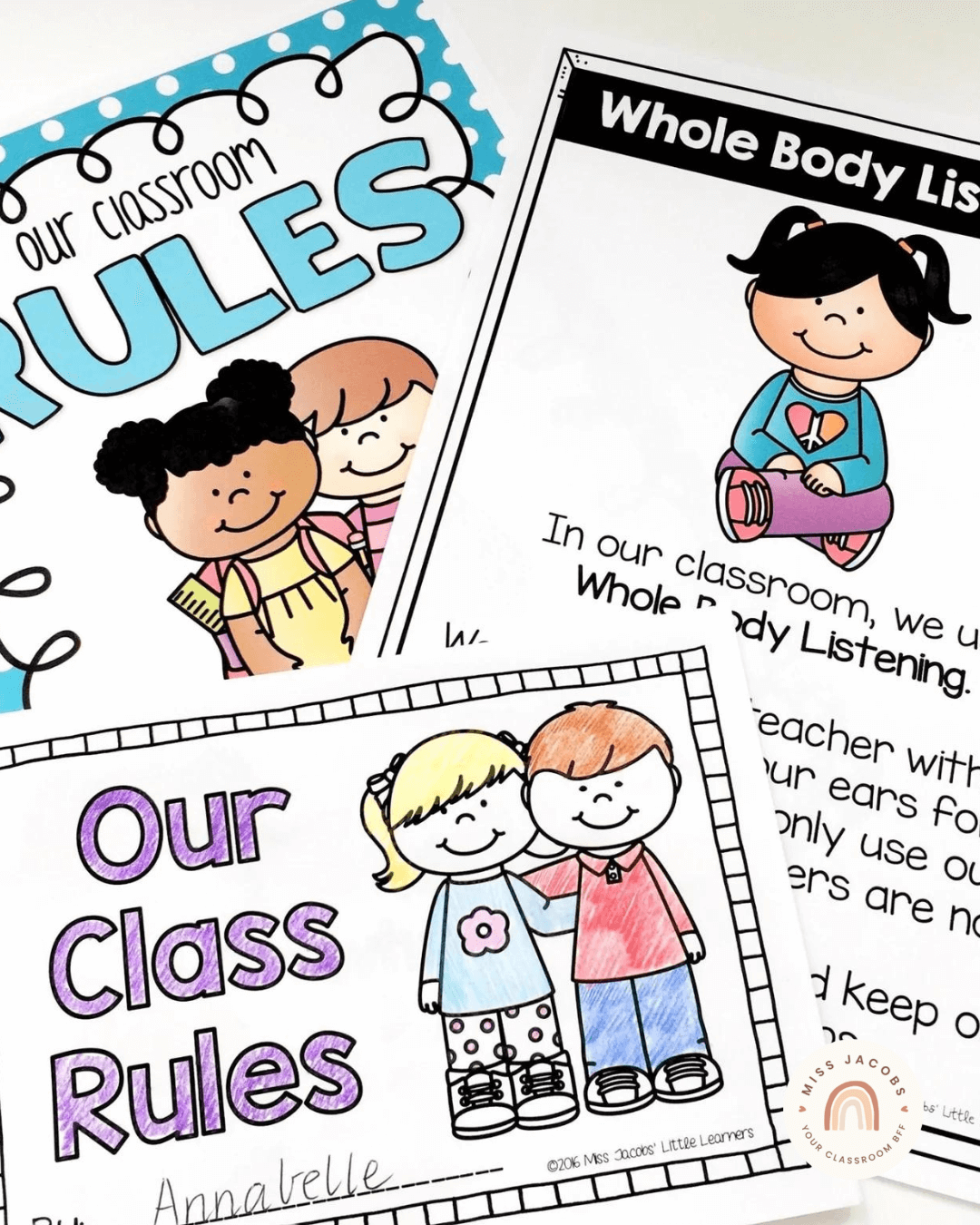 The left image shows a series of printed resources that say ‘our classroom rules’ and ‘whole body listening.’ The right shows a classroom display with a series of classroom jobs with tiny pegs that signify who in the class has that job. Both items feature cartoon illustrations of diverse children with round, smiling faces.