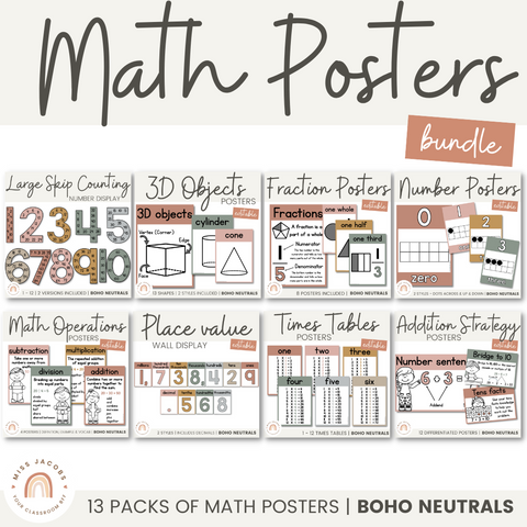 Boho Rainbow Neutrals Math Posters Bundle | Editable | Neutral Colors - Miss Jacobs Little Learners